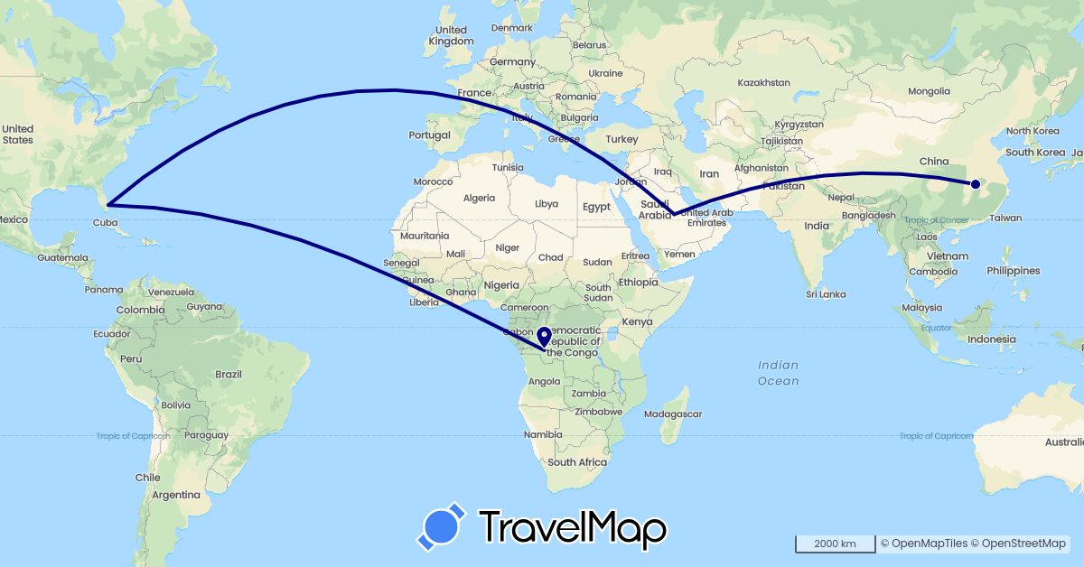 TravelMap itinerary: driving in Democratic Republic of the Congo, China, Saudi Arabia, United States (Africa, Asia, North America)